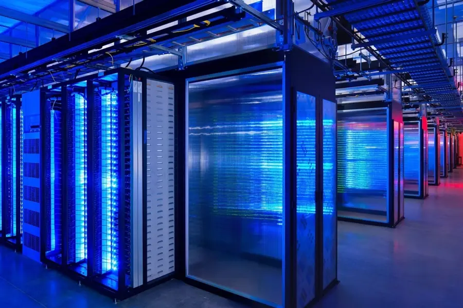 Row of server cabinets in a data hall