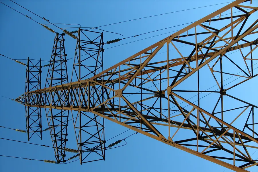 High-voltage transmission tower seen from below